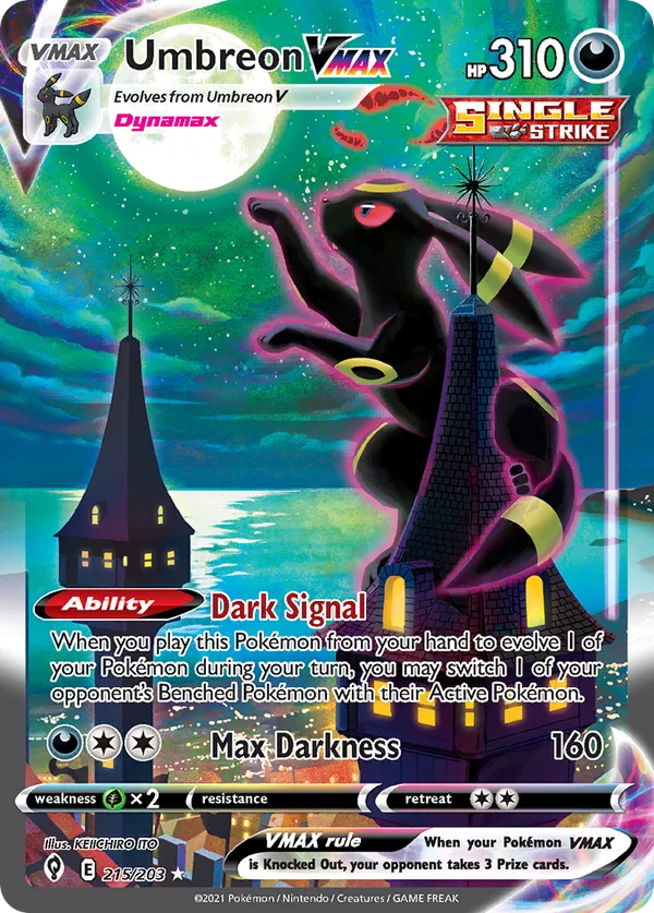 The English Evolving Skies 215/203 print of the Moonbreon artwork; the Japanese card is 095/069 with Japanese text